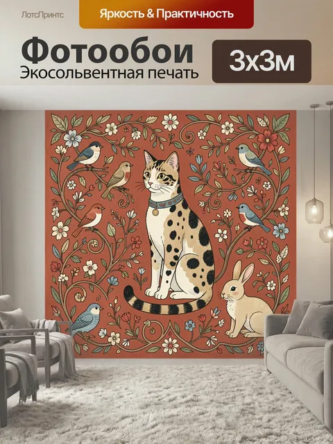 Фотообои Кот с птицами и зайцем. Декоративная иллюстрация в винтажном стиле: пятнистый кот в центре, вокруг птички, кр…