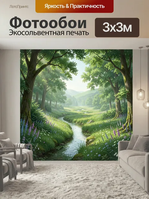 Фотообои Лесная долина с ручьем. Светлая идиллическая природа: густые деревья, извилистый поток, зеленые холмы и полев…