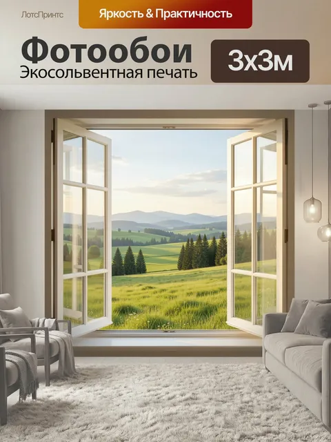 Фотообои Окно с видом на долину. Солнечный сельский пейзаж в раме распахнутых створок: зеленые холмы, лесные массивы, …