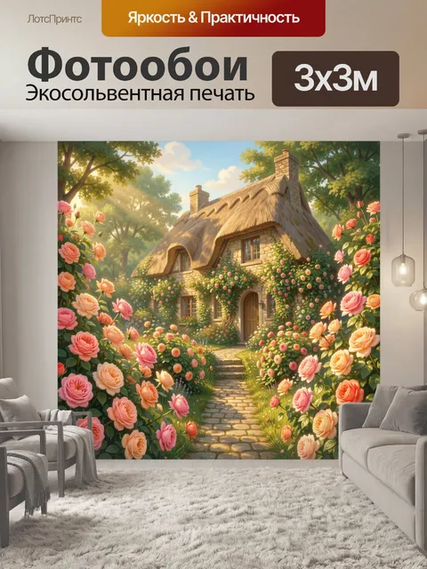 Фотообои Сказочный дом в цветущем саду. Уютный деревенский коттедж с соломенной крышей среди пышных роз, каменная доро…