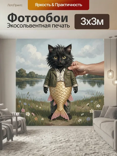 Фотообои Пушистый зверёк с рыбьим хвостом. Сказочный антропоморфный герой с чёрной кошачьей мордой, золотистой чешуёй,…