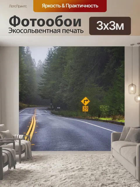 Фотообои Лесное шоссе проложили шоссе через лес со знаком скорости шоссе дорога извилистая дорога лес леса дерево дере…