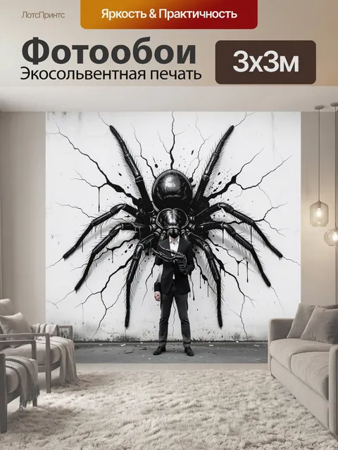 Фотообои Человек перед гигантским пауком. Мрачная сюрреалистическая сцена: мужчина в черном костюме стоит у стены с ог…