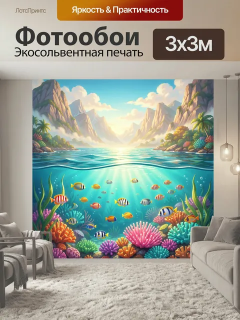 Фотообои Тропическая лагуна с кораллами. Иллюстрация морского дна с яркими рыбками, бирюзовой водой, подводным рифом, …