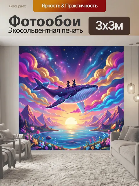 Фотообои Космический кит над озером. Фантазийная сцена с светящимся морским гигантом, парящим в небе над горной долино…