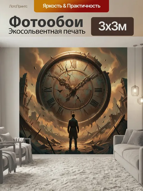 Фотообои Мужчина перед гигантскими часами. Одинокий силуэт на фоне растрескавшегося старинного механизма, руин и дымно…