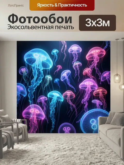 Фотообои Светящиеся медузы в глубине. Неоновые морские создания парят в темной воде, цифровая фантазийная иллюстрация …