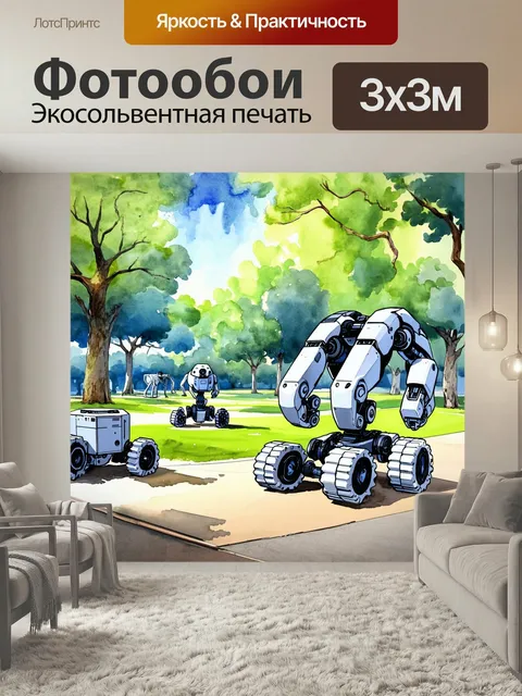 Фотообои Величественный пейзаж в технике акварели, изображающий парк с выставкой робототехники, где можно увидеть меха…