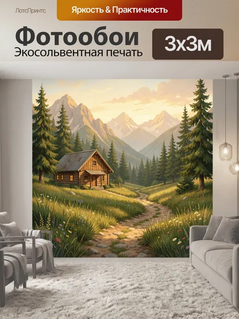 Фотообои Горный домик в лесной долине. Живописный пейзаж: деревянное шале у тропинки среди сосен, луг с полевыми цвета…