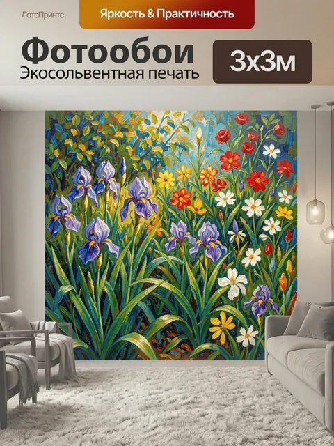 Фотообои Цветущий сад с ирисами и ромашками. Яркая импрессионистическая цветочная композиция с фиолетовыми, красными, …