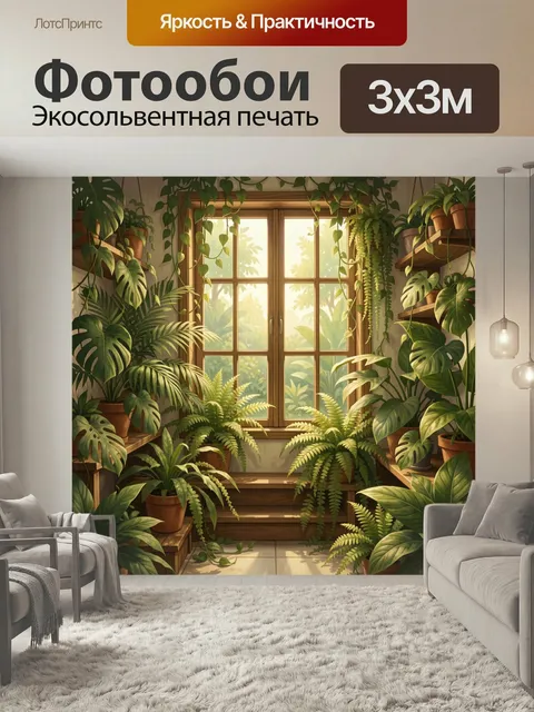 Фотообои Уютная оранжерея у окна. Светлая домашняя композиция с множеством тропических растений, плющом и папоротникам…