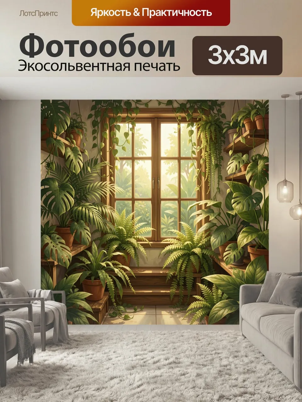 Фотообои Уютная оранжерея у окна. Светлая домашняя композиция с множеством тропических растений, плющом и папо…