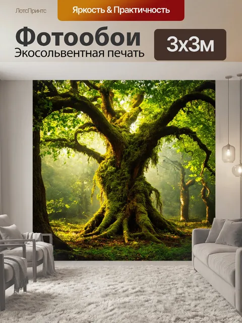 Фотообои Летом в таинственном лесу, где свет пробивается сквозь плотную листву, стоит огромное старое дерево с изогнут…