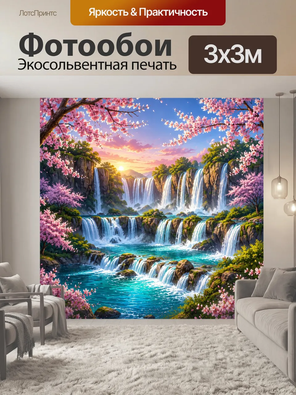Фотообои Сказочные водопады среди сакуры. Нежный живописный пейзаж с каскадами, бирюзовой водой, туманом и цве…