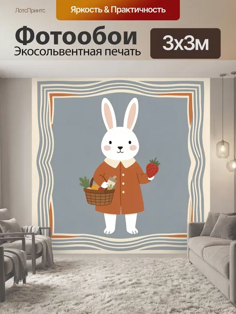 Фотообои Белый кролик с клубникой. Милый мультяшный заяц в коричневом пальто держит ягоду и корзинку с овощами и фрукт…