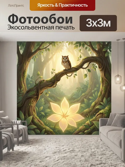 Фотообои Сова в лесу у светящегося цветка. Волшебный лесной пейзаж с совой на изогнутой ветви, мягкий солнечный свет с…