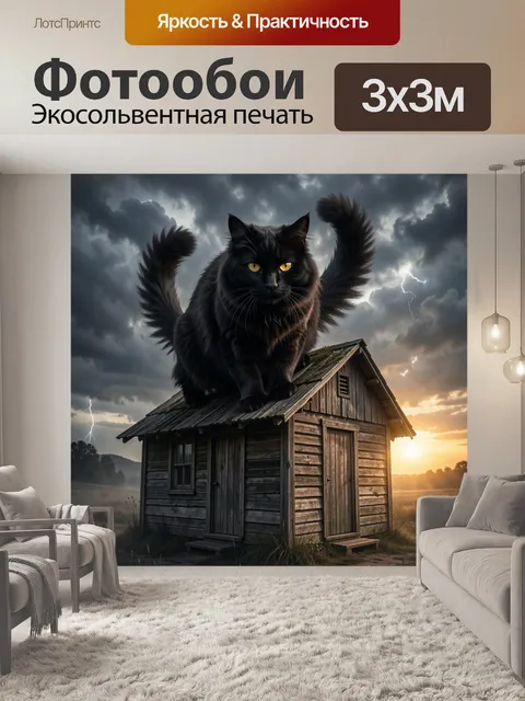Фотообои Черный кот на крыше сарая. Мистическая пушистая кошка с янтарными глазами сидит на деревянной хижине среди по…
