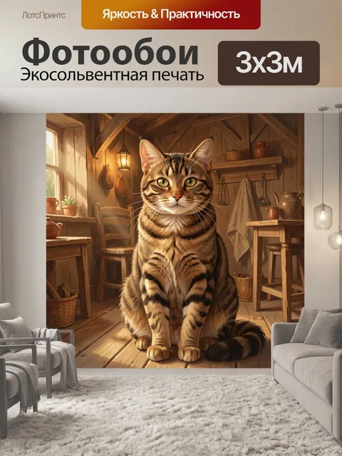 Фотообои Кот в тёплом сарае у окна. Реалистичная иллюстрация полосатого кота с внимательным взглядом в деревянном поме…