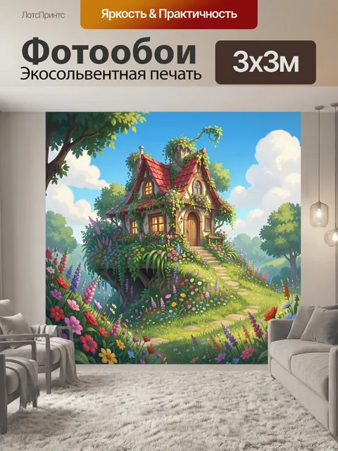 Фотообои Сказочный домик в цветущем саду. Уютное лесное жилище на холме, утопающее в зелени и ярких полевых цветах. Де…