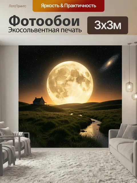 Фотообои Луна над ночным ландшафтом. Фантастический космический пейзаж с огромным светящимся спутником, звездным небом…