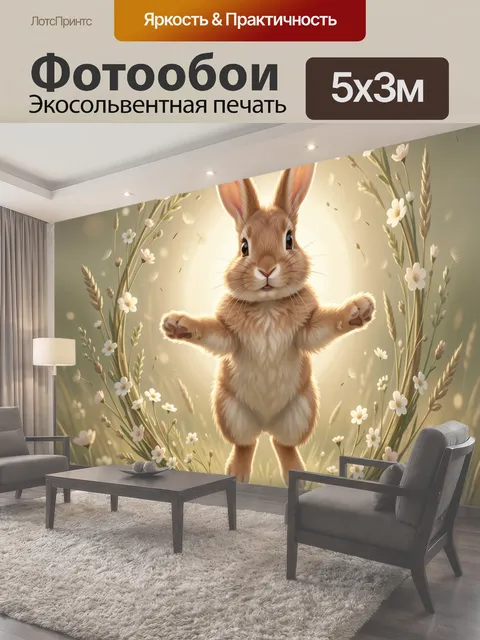 Фотообои Пушистый зайчонок в цветочном венке