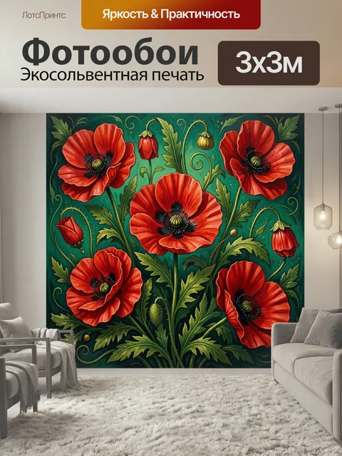 Фотообои Красные маки на зеленом фоне. Яркая декоративная флористическая композиция с крупными алыми цветами, изящными…