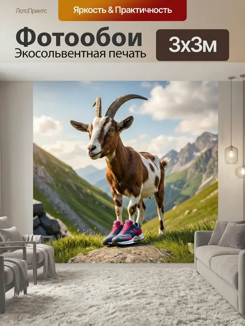 Фотообои Спортивная козочка с кроссовками, пытающаяся завоевать всевозможные высоты на горных с подъёмами, с мимолетны…