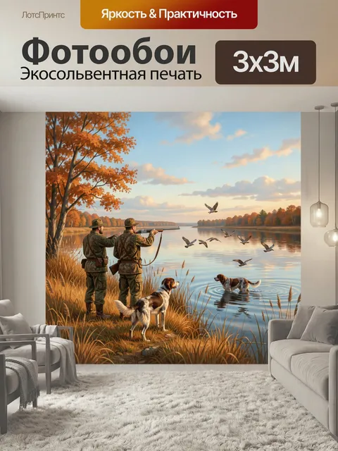 Фотообои Охота у осенней реки. Живописная сцена на берегу тихой воды: двое охотников с ружьями, легавые собаки, стая у…