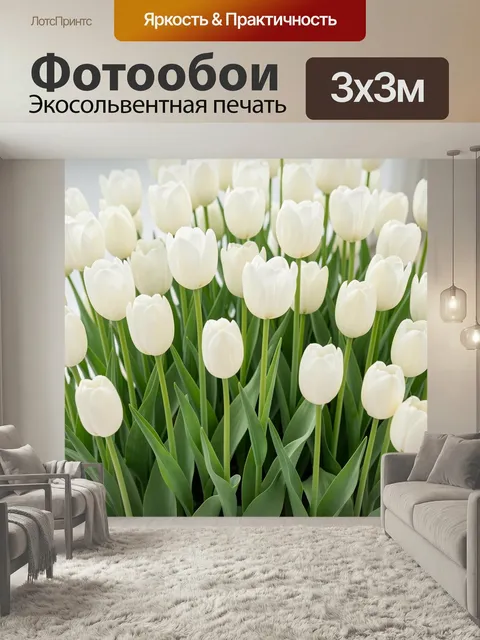 Фотообои Белые тюльпаны в зелени. Нежная весенняя композиция из распустившихся светлых бутонов с длинными зелеными лис…