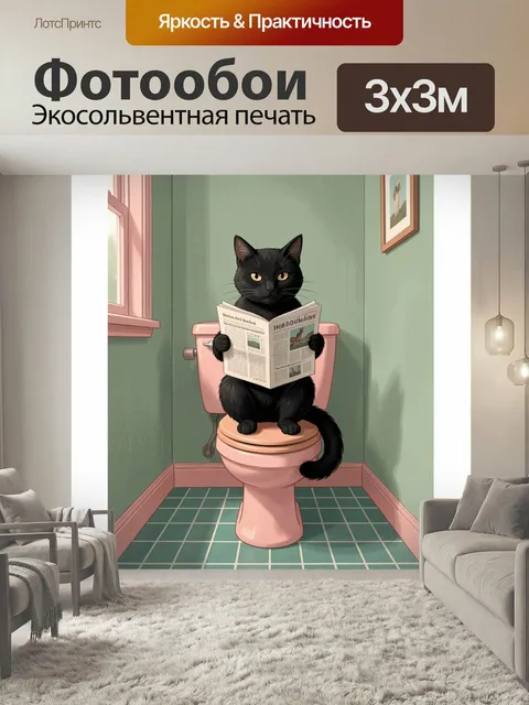 Фотообои Черный кот с газетой в туалете