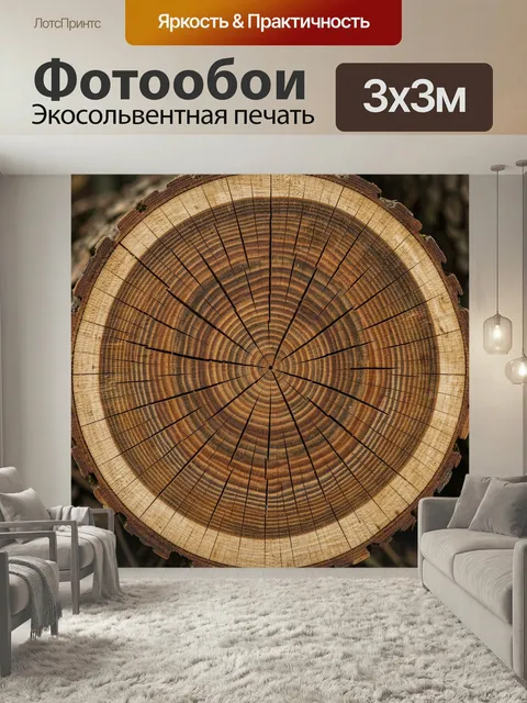 Фотообои Срез древесного ствола с трещинами. Крупный план спила дерева с выразительными годичными кольцами и радиальны…