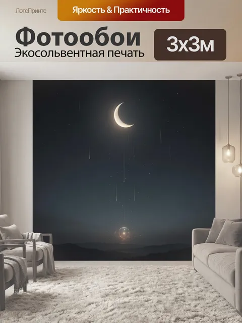Фотообои Лунный пейзаж со звёздным небом. Таинственная ночная сцена в минималистичном стиле: тонкий серп луны, мерцающ…