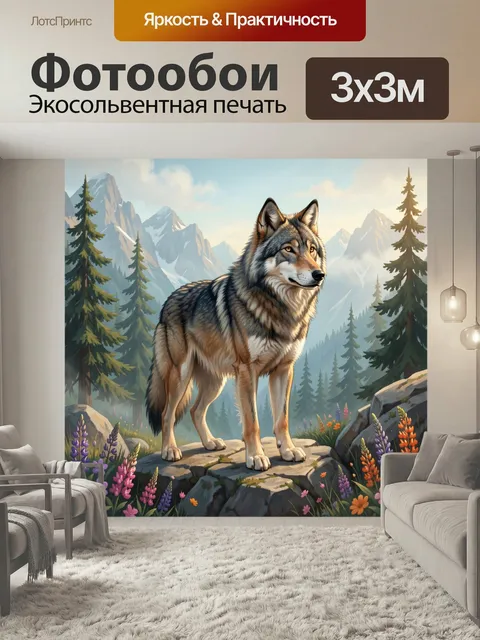 Фотообои Волк в горном лесу. Художественная иллюстрация с величественным серым хищником на скале среди елей и высоких …