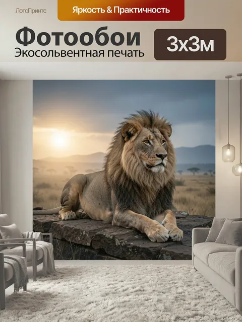 Фотообои Лев на скале в саванне. Могучий царь зверей лежит на каменной платформе на фоне африканской равнины, туманных…