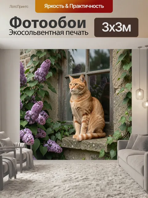 Фотообои Рыжий кот у окна с сиренью. Уютная садовая сцена: полосатый рыжий питомец сидит на каменном подоконнике у ста…