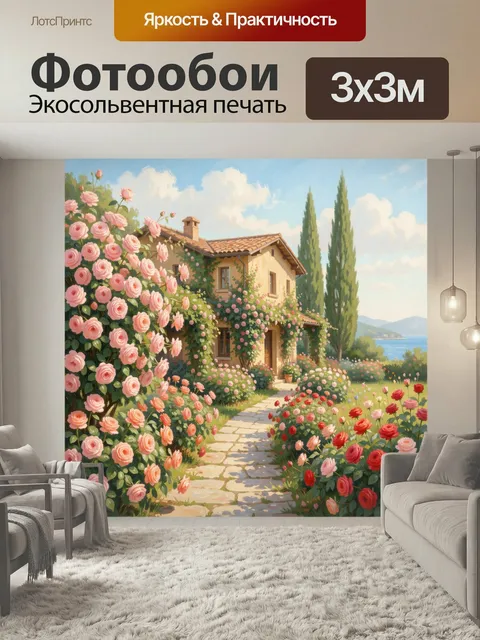 Фотообои Средиземноморский дом в цветущем саду. Солнечная вилла у моря, утопающая в розовых и красных розах. Живописны…