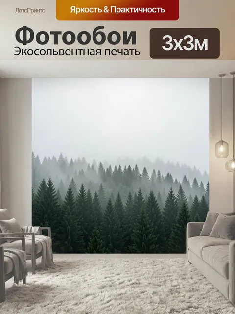 Фотообои Туманный еловый лес. Сосново-еловый массив в густом тумане, многослойные силуэты деревьев, холодная серо-зелё…