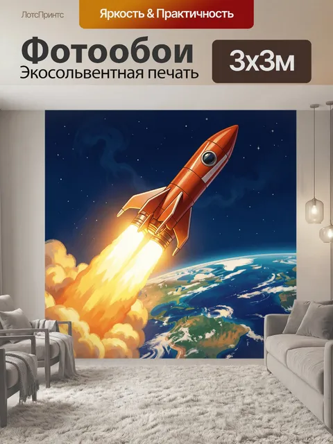 Фотообои Красная ракета над Землей. Космический корабль с огненным шлейфом взлетает в звездное небо над планетой. Ярка…