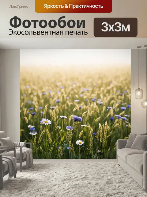 Фотообои Поле, залитое мягким утренним светом, сказочно выглядит под легкой дымкой утреннего тумана. разноцветные цвет…