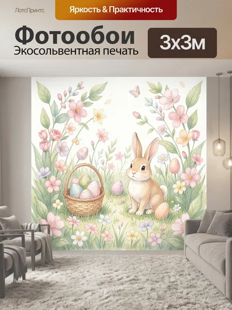 Фотообои Кролик и пасхальная корзинка среди цветов. Милый зайчик у плетеной корзины с крашенками, окружён весенними по…