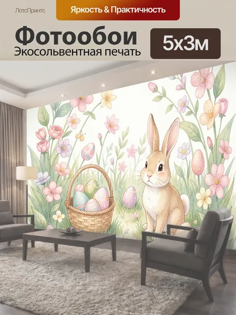 Фотообои Кролик и пасхальная корзинка среди цветов