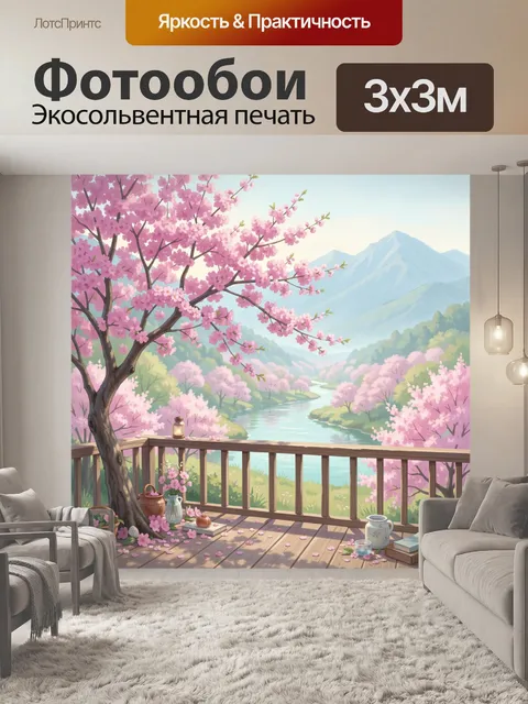 Фотообои Цветущая сакура у горной реки. Нежный весенний пейзаж в пастельных тонах: розовые цветущие деревья, извилиста…