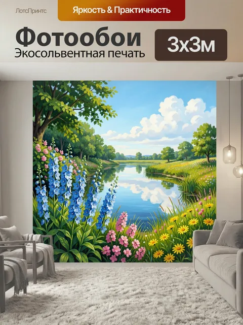 Фотообои Летний пейзаж у тихой реки. Живописная летняя природа с зеркальной водой, цветущими луговыми растениями, густ…