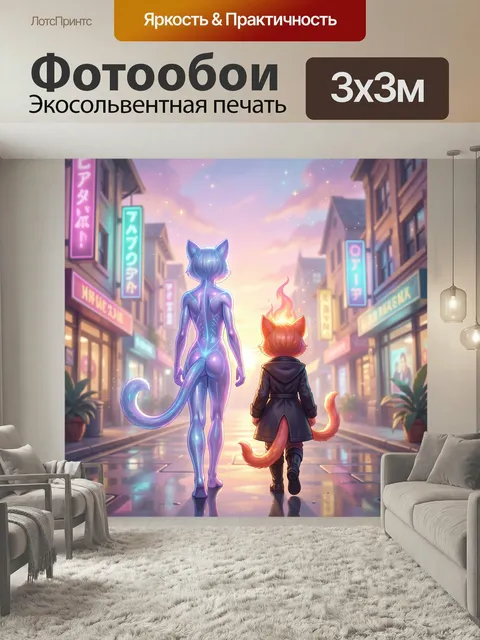 Фотообои Два антропоморфных кота в городе. Фантазийная аниме-иллюстрация: двое гуманоидных котов идут по сияющей улице…