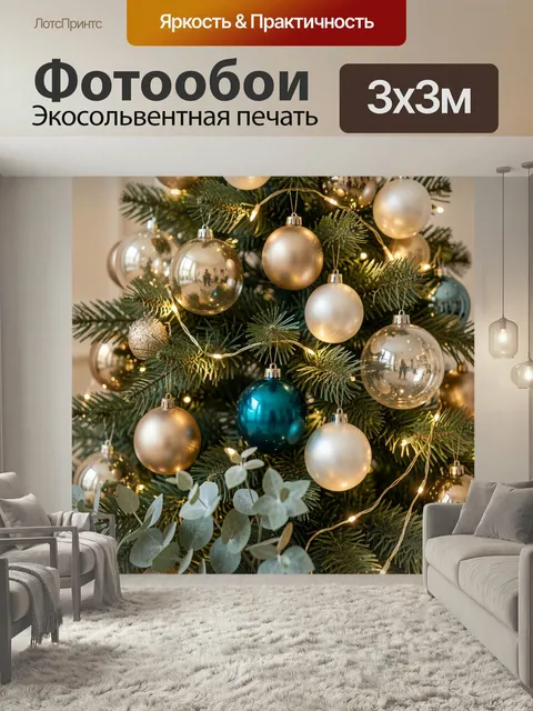 Фотообои Новогодняя елка с шарами. Праздничное хвойное украшение с золотыми, белыми и бирюзовыми игрушками, теплой гир…