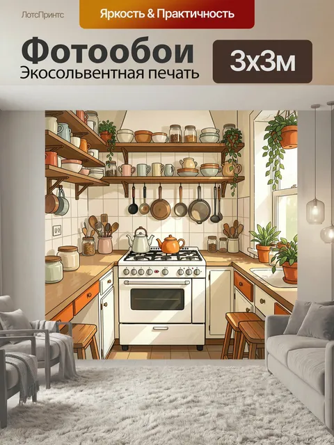 Фотообои Уютная кухня с растениями. Тёплый интерьер домашнего кухонного пространства в скандинавском стиле: открытые п…