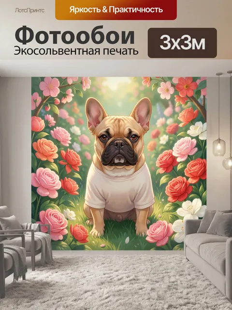 Фотообои Французский бульдог среди цветов. Милая собака в белой футболке сидит в сказочном саду с розами и цветами. Не…