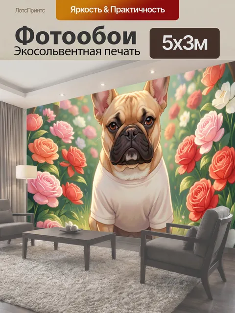 Фотообои Французский бульдог среди цветов