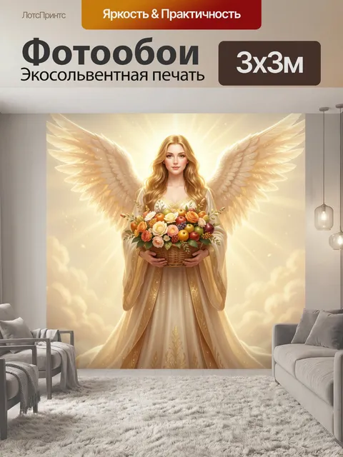 Фотообои Ангел с корзиной цветов и фруктов. Светлая фантазийная сцена: небесная девушка с распахнутыми крыльями держит…