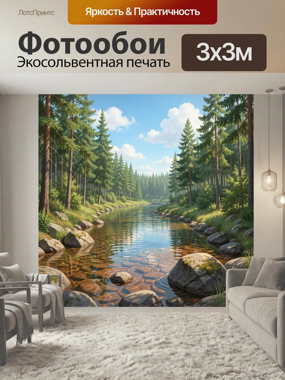 Фотообои Лесная речка среди сосен. Живописный природный пейзаж: спокойный водный поток между высокими хвойными…